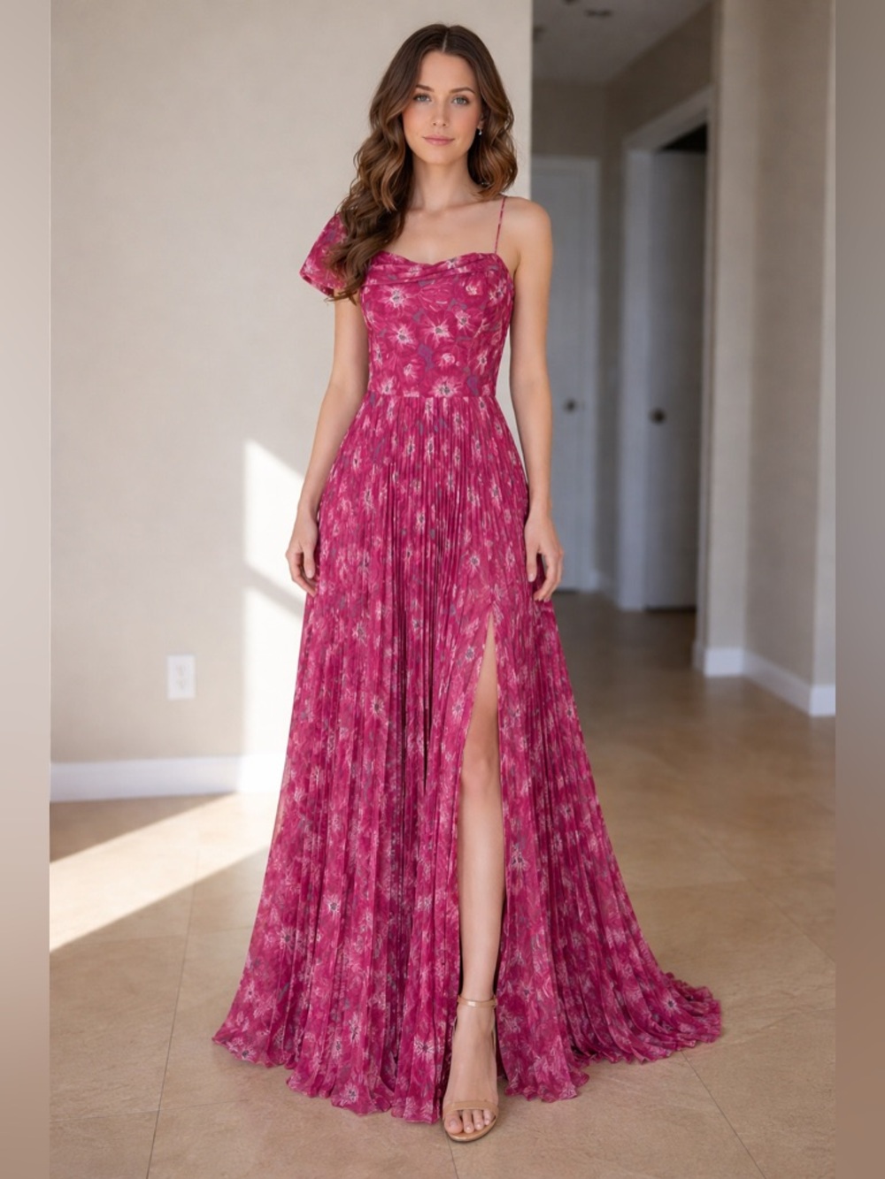 AMUR NWT Raspberry Floral One Shoulder Pleated Maxi Gown Wedding Guest Dress - Picture 10 of 10